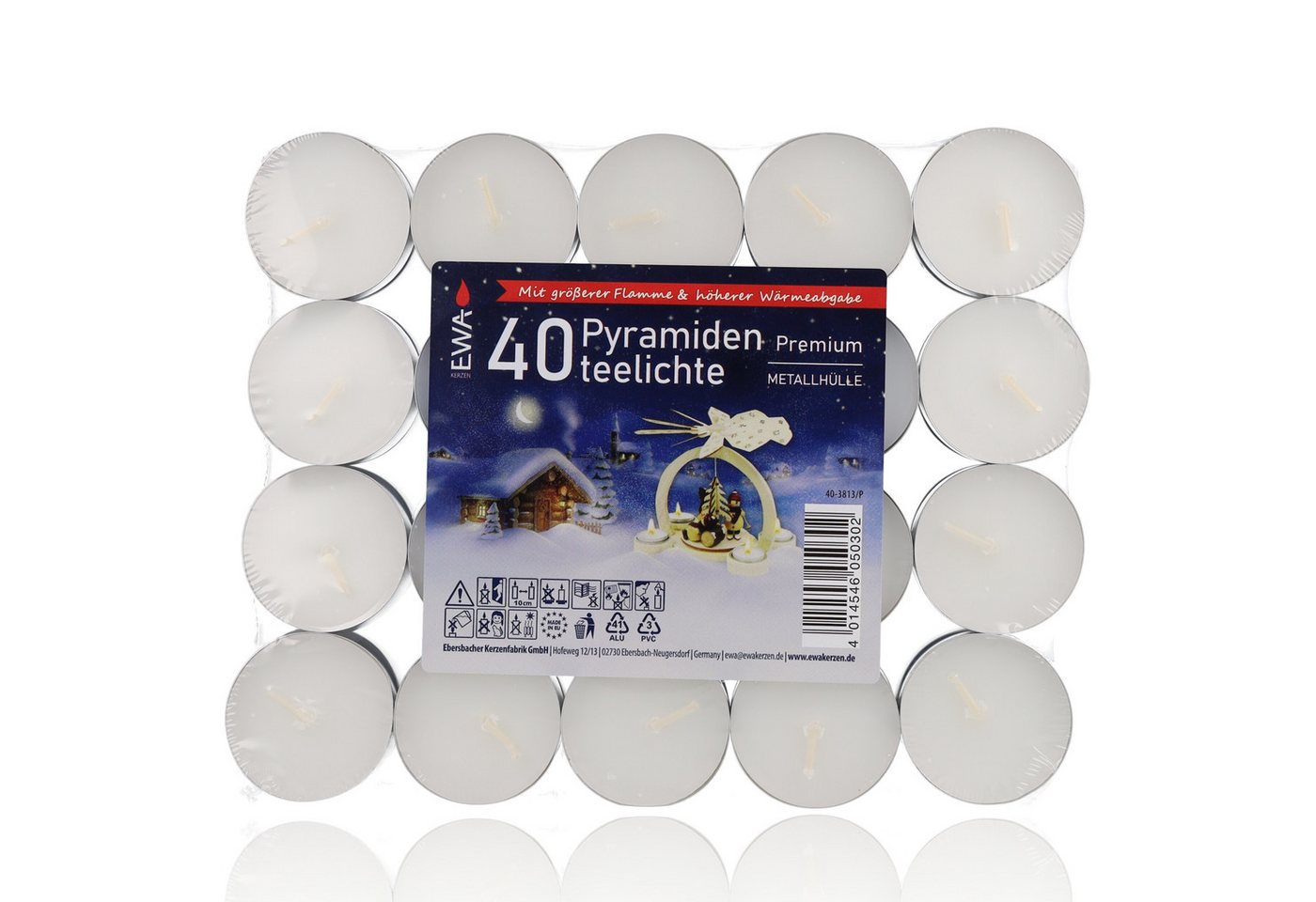 EWA Teelicht Ebersbacher Kerzenfabrik EWA ehem. JEKA 40 Pyramidenteelichte Premium (Teelichte im Großpack, 40-tlg., in stabiler Metallhülle), Dekorativ mit hoher Wärmeabgabe von EWA