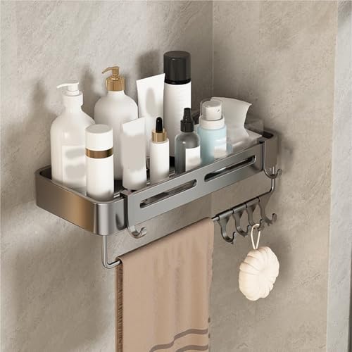 EWDHJK Duschregal fürs Badezimmer, rostfreies Aluminiumregal, wandmontiertes, Robustes Duschshampooregal aus Edelstahl mit Haken (kein Bohren erforderlich)(Gray1pc) von EWDHJK