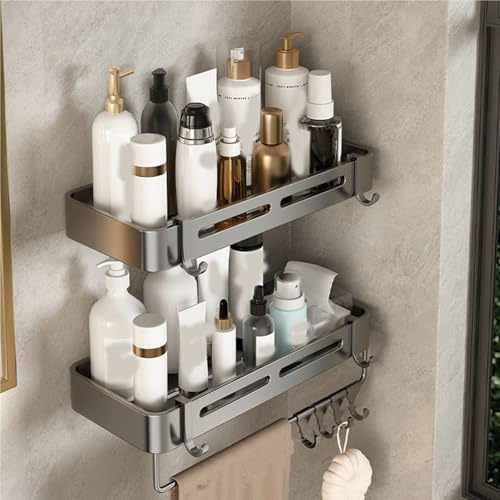 EWDHJK Duschregal fürs Badezimmer, rostfreies Aluminiumregal, wandmontiertes, Robustes Duschshampooregal aus Edelstahl mit Haken (kein Bohren erforderlich)(Gray2pc) von EWDHJK