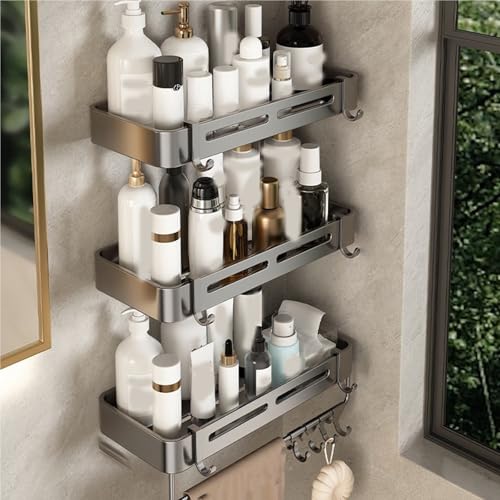 EWDHJK Duschregal fürs Badezimmer, rostfreies Aluminiumregal, wandmontiertes, Robustes Duschshampooregal aus Edelstahl mit Haken (kein Bohren erforderlich)(Gray3 pc) von EWDHJK