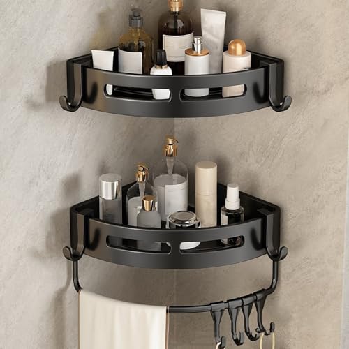 Einfaches Eck-Duschregal fürs Badezimmer, rostfreies Badezimmer-Aufbewahrungsregal, schnelltrocknendes Badezimmerregal, Robustes Duschshampoo-Regal aus Edelstahl (kein Bohren erforderlich)(Black2pc) von EWDHJK