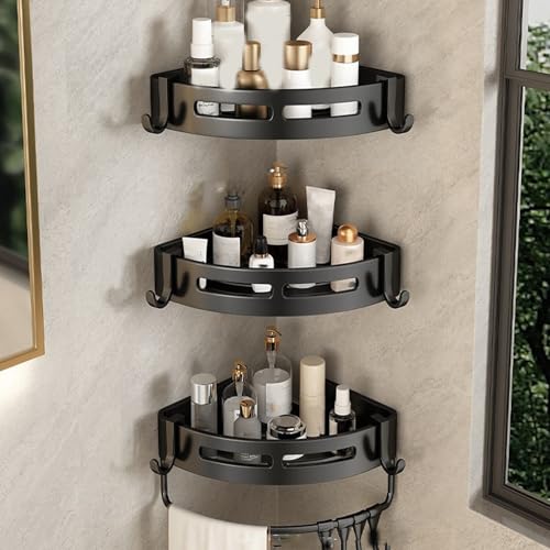 Einfaches Eck-Duschregal fürs Badezimmer, rostfreies Badezimmer-Aufbewahrungsregal, schnelltrocknendes Badezimmerregal, Robustes Duschshampoo-Regal aus Edelstahl (kein Bohren erforderlich)(Black3pc) von EWDHJK