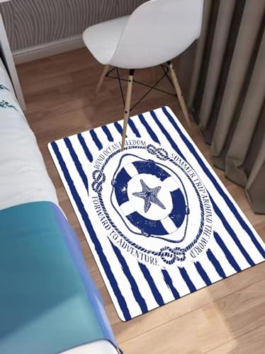 EWFAS Badteppich,Blau-weißes nautisches Emblem mit Rettungsring und Seestern auf gestrei,viele schöne Badematten zur Auswahl Badvor leger sehr weich und rutschfest waschbar und schnelltrocknend40x60cm von EWFAS