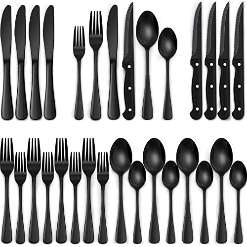 24-Piece Black Silverware Set with Steak Knives, Black Flatware Set for 4, Food-Grade Stainless Steel Tableware Cutlery Set, Mirror Finished Utensil Sets for Home Restaurant von EWFEN