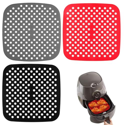 3 Stück Matten für Luftfritteuse Quadrat Silikonmatten für Luftfritteuse Silikonform für Heißluftfritteuse Zubehör, Wiederverwendbar Antihaftbeschichtet 21.5cm Airfryer Silikonform von EWOECUI