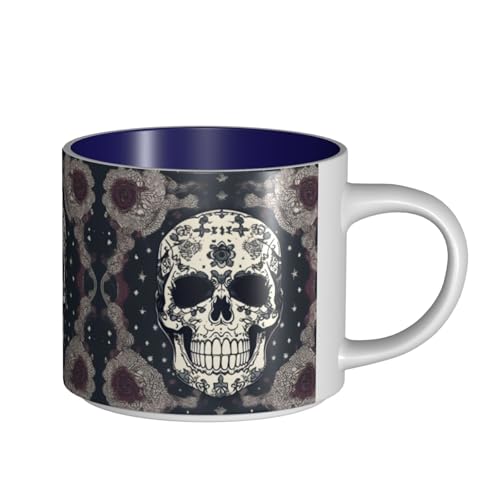 EWQrtyy Große Keramiktasse mit Totenkopf-Motiv und Yoga- und Blumendruck, praktische Tassen für Cafés und Büros, bequemer Griff, stabiler Boden von EWQrtyy