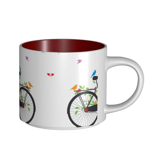 EWQrtyy Keramikbecher mit großem Fassungsvermögen, Motiv: Vögel und Blumen auf Fahrrädern, praktische Tassen für Cafés und Büros, bequemer Griff, stabiler Boden von EWQrtyy
