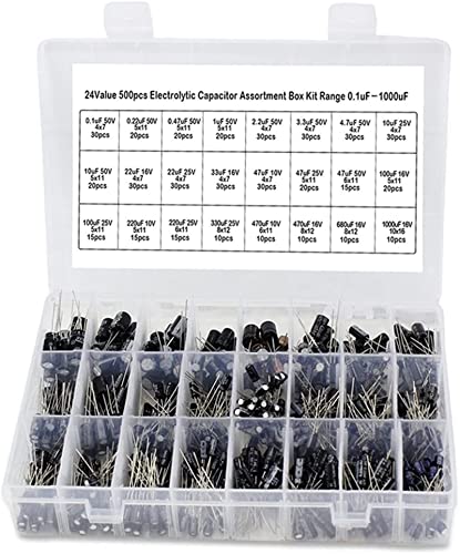 Elemente der Energiespeicherung Kondensator-Kit 500 Teile/los DIY 0,1 UF-1000 UF 24 Werte Aluminium-Elektrolytkondensatoren 16-50 V Mix Elektrolytkondensator Assorted Kit Set Box Kondensatoren von EWYOTUAL