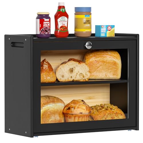 EXABANG Brotkasten Bambus Brotaufbewahrungsbox mit Belüftung 2 Regale und Großer Sichtfenster, Holz Brotbehälter Brotaufbewahrung lebensmittelecht pflegeleicht Brotbox 40x31x17.5 von EXABANG