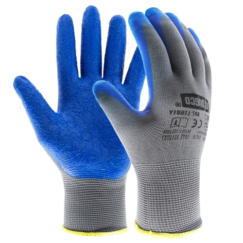 EXBRIECO 12, 6 oder 3 Paar, Arbeitshandschuhe, Schutzhandschuhe Polyester und Latex, PPE, 2131X, langlebig, leicht, abriebfest, Gartenarbeit, Reparaturen, Mechaniker. von EXBRIECO