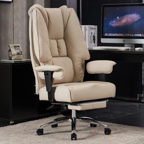 EXCEBET Bürostuhl Ergonomisch, Chefsessel mit Hoher Rückenlehne, Verstellbaren Armlehnen und Breitem Sitz, PU Leder Drehstuhl, Höhenverstellbar Schreibtischstuhl, Belastbar bis 200 kg (BEIGE) von EXCEBET