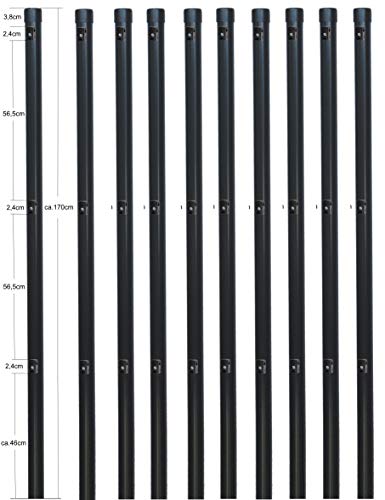 10 Zaunpfosten Ø 34 mm für 1,2 Meter hohe Metallzaun Anlage in grau anthrazit aus Maschendraht. Länge 1700mm zum einbetonieren. Pfosten Zaun Pfahl mit Kappe und 3 montierte Spanndrahthalter. von EXCOLO