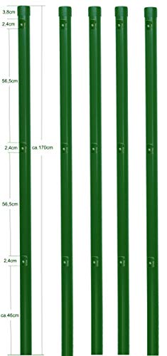 5 Metall Zaunpfosten rund Ø 34 mm für 1,2 Meter hohe Metallzaun Anlage in grün aus Maschendraht. Zaun Pfahl 1700mm lang zum einbetonieren mit Kappe und 3 montierte Spanndrahthalter.… von EXCOLO