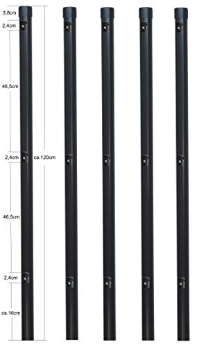 5 Stück Metallpfosten Zaunpfahl aus Metall Ø 34 mm 1200mm lang für 1,0m hohe Metall Zaunanlage aus Maschendrahtzaun in grau anthrazit RAL 7016. Mit 3 vormontierte Spanndrahthalter und Pfostenkappe. von EXCOLO