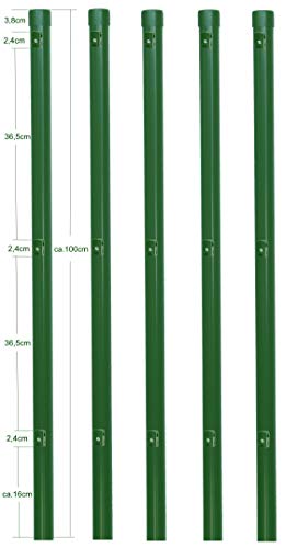 5 Stück Zaunpfosten Ø 34 mm für 80cm hohe Zaunanlagen grün RAL 6005. Incl. 3 montierter Spanndrahthalter und Pfostenkappe. Pfosten Länge 100cm für Montage in Einschlaghülse. von EXCOLO