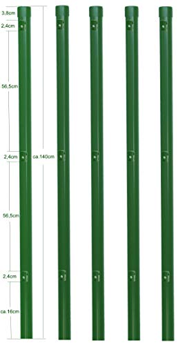 5 Stück Zaunpfosten Ø 34 mm für 1,2 Meter hohe Metallzaun Anlage in grün aus Maschendraht. Pfosten Zaun Pfahl mit Kappe und 3 montierte Spanndrahthalter. von EXCOLO