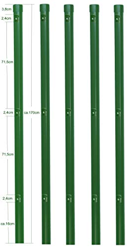 5 Zaunpfosten Ø 34 mm Zaunpfahl 1700mm lang als Pfosten für 1,5m hohen Metallzaun aus Maschendraht in grün RAL 6005. Zaunpfahl mit 3 Halter für Spanndraht und Pfosten Kappe.… von EXCOLO