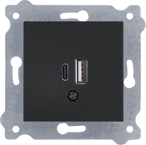EXEN - Doppelsteckdose mit USB Typ-C & Typ-A Schwarz Metallic – Unterputz-Wandsteckdose mit USB-Ladefunktion – Ideal für Smartphone, Tablet, Büro – Kompatibel mit KARELL/ODAK/COMFORT – 277/14E von EXEN