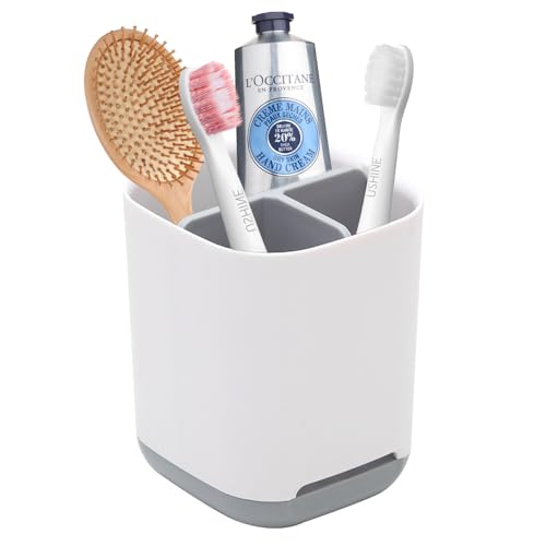 Zahnbürstenhalter, Toothbrush Holder, Zahnbürste Organizer Grau Stehend, Herausnehmbarer Bad-Zahnputzbecher Kunststoff mit Abflussloch, 2 Zahnbürstenfächer + 1 Ablagebecken von EXFU