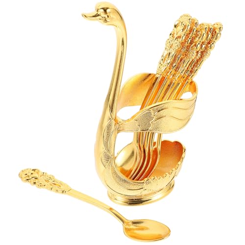 EXHUMKY 1 Satz Metallic Swan Spoons Set mit Halter Dessertlöffel für Kuchen Obst und Pudding Stilvolles Geschirr für Partys und Hochzeiten Aus Langlebigem Legierungsmaterial von EXHUMKY