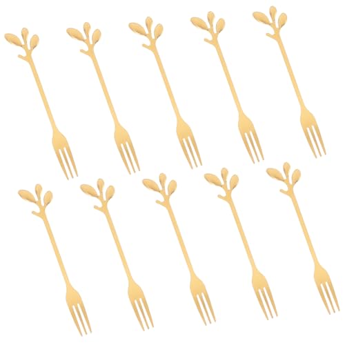 EXHUMKY 10 Stück Teiliges Mini Gabeln Goldenem Blattdesign Vielseitige Dessert Cocktailgabeln für Partys Tragbar Robust von EXHUMKY