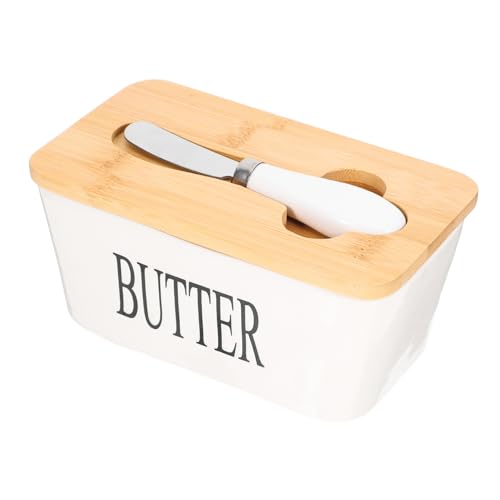 EXHUMKY 1Satz Keramische Butterdose mit Cutter und Holzdeckel Multifunktionale Butterkonservierungsbox für Kühlschrank und Reisen zum Schneiden von Butter und Käse Hält Frisch von EXHUMKY