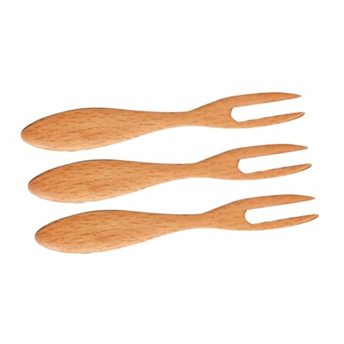 EXHUMKY 3 STÜCKE Teiliges Holzfruchtgabeln mit Breitem Griff Multifunktionale Dessertgabeln aus Buchenholz für Obst Snacks Kuchen und Partys von EXHUMKY