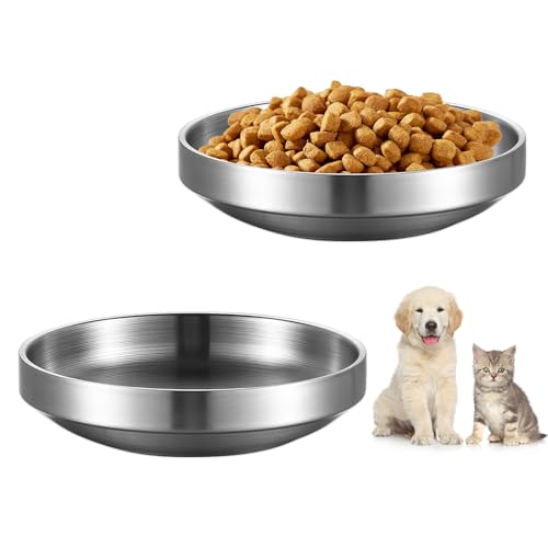 2 Stück Doppellagige Katzennäpfe aus Edelstahl, Katzennäpfe Metall 304, Stainless Steel Cats Bowl, Shallow Wide Flat Pets Food Bowls, Edelstahl Katzennapf Flach 14cm Rund für Trockenfutter Nassfutter von EXIN DECHEN