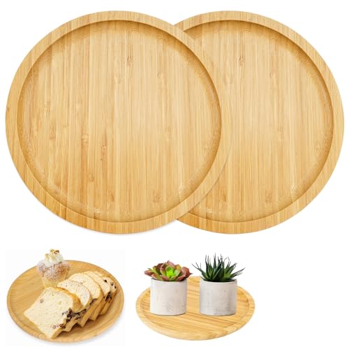 2 Stück Holztablett Rund, Tablett Holz, Pflanzen Untersetzer aus Bambus, Serviertablett, Waschbar, Hitzebeständig für Tassen, Teeservice, Vasen, Getränke von EXIN DECHEN