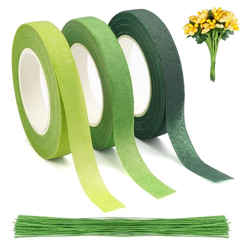 3 Rollen Floristenband,Blumenband,10M x 12mm Floral Kreppband mit 100 Blumenstieldraht,Floral Tape Stiel,Floristenband Grün Selbstklebend,Floristik Kreppband für Blumenarrangements DIY Kunsthandwerk von EXIN DECHEN