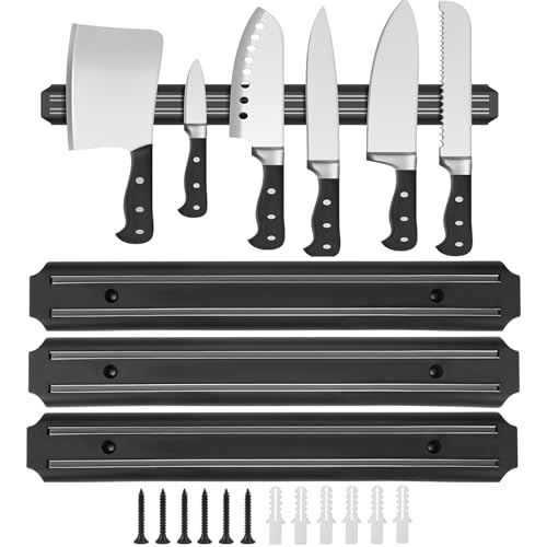 3 Stück Messerhalter Magnetisch, 33cm Magnetleiste Messer Halter, Edelstahl Magnet Messerhalter mit Schrauben, Universeller Wandmontage Magnet Messerhalter, für Küche Büro Werkzeuge, Schwar von EXIN DECHEN