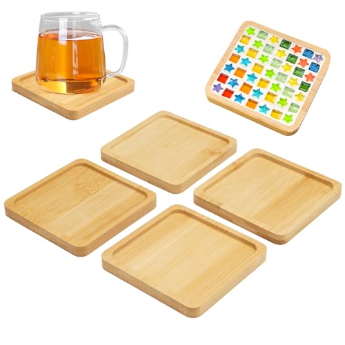 4 Stück Bambus Tablett Quadratisch, 9cm Klein Tablett aus Holz, Handgefertigte Mosaik-Holzuntersetzer, Holztablett, Serviertablett, Bambus Untersetzer für Handgefertigte Basteln, Mosaikzubehör, Deko von EXIN DECHEN
