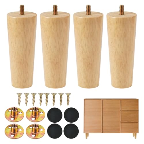 4 Stück Möbelbeine aus Holz, 12cm Möbelfüße Ersatz, Tischbeine Massivholz mit Schrauben, Montageplatte und Gummipads, Holzbeine für Möbel, Holzfüsse Möbel, für Tisch, Sofa, Bett, Schrank, Couch von EXIN DECHEN
