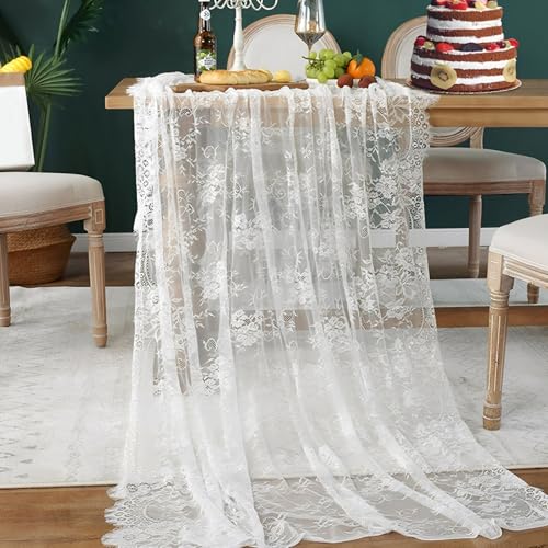 Vintage Spitzenauflage 75x300cm, Tischdecke Weiße Spitze Exquisit Spitze Tischläufer, Waschbarer Lace Table Tunner Bestickte Tischläufer Boho für Outdoor Party Taufe Kommunion Festliche Hochzeitsdeko von EXIN DECHEN