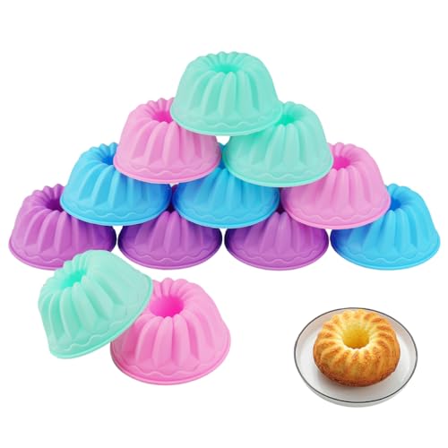 12 Stück Mini Gugelhupfform Silikon Backform Gugelhupf, Wiederverwendbare Silikon Gugelhupfform Klein, Leicht zu Lösen für DIY Backen Kuchen Schokolade Desserts Pudding(ø 6,5cm, HöHe 3,5 Cm, 4 Farben) von EXIN DEHCEN