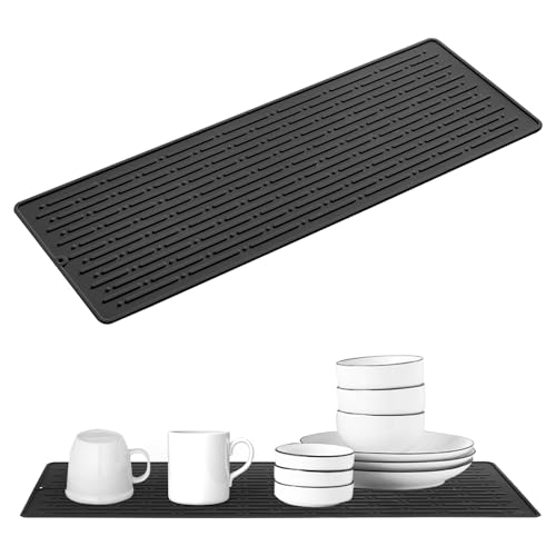 Abtropfmatte aus Silikon 40.5x14.5cm, Rutschfeste Hitzebeständige Geschirr Abtropfmatte Silikon Schmal, Leicht zu Reinigen Silikonmatte Küche Abtropfmatte für Besteck, Tassen, Flaschen, usw.(Schwarz) von EXIN DEHCEN