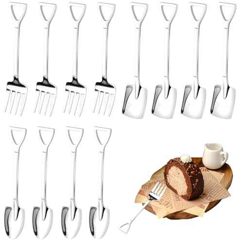 EXIN DEHCEN 12 Stück Edelstahl Spatenlöffel Löffel Gabel Set, Schaufelförmiger Kreativer Schaufelnetz, Kaffeelöffel, Teelöffel, Eislöffel, Dessertlöffel, Kuchengabeln, für Küche Restaurant von EXIN DEHCEN