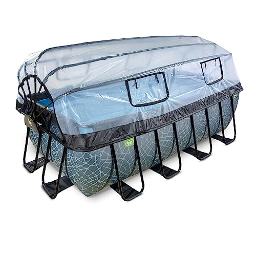 EXIT Toys Stone Pool mit Abdeckung - 400x200x122cm - Großer, Rechteckiger Rahmenpool mit Sandfilterpumpe, Wärmepumpe und Poolleiter - Extra tiefer Pool - Für Sauberes und Warmes Poolwasser - Grau von EXIT TOYS