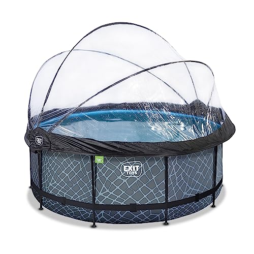 EXIT Toys Stone Pool mit Abdeckung - ø360x122cm - Großer, Runder Rahmenpool mit Sandfilterpumpe, Wärmepumpe und Poolleiter - Extra tiefer Pool - Für Sauberes und Warmes Poolwasser - Grau von EXIT TOYS