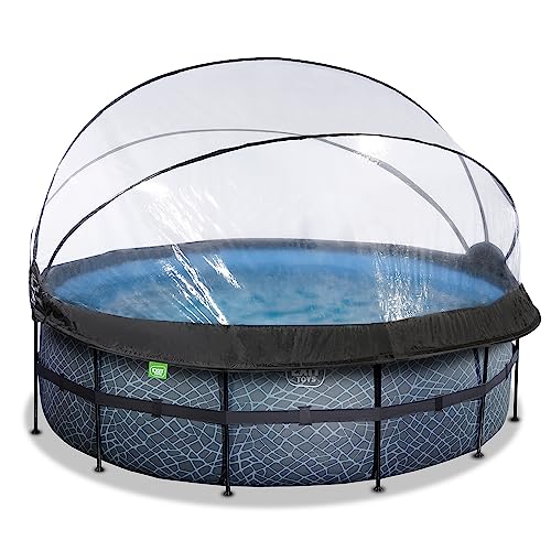 EXIT Toys Stone Pool mit Abdeckung - ø427x122cm - Großer, Runder Rahmenpool mit Sandfilterpumpe, Wärmepumpe und Poolleiter - Extra tiefer Pool - Für Sauberes und Warmes Poolwasser - Grau von EXIT TOYS