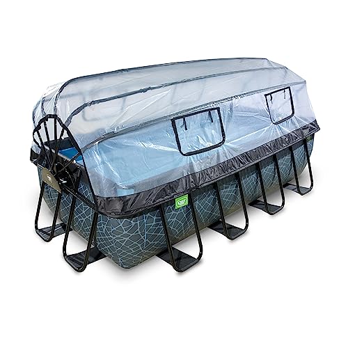 EXIT Toys Stone Pool mit Multifunktionale Abdeckung - 400x200x100cm - Großer, Rechteckiger Rahmenpool mit Sandfilterpumpe und Poolleiter - Extra Tief - Für Sauberes und Warmes Poolwasser - Grau von EXIT TOYS
