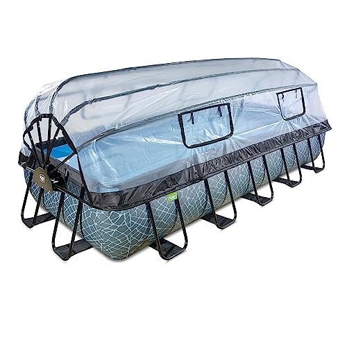 EXIT Toys Stone Pool mit Multifunktionale Abdeckung - 540x250x100cm - Großer, Rechteckiger Rahmenpool mit Sandfilterpumpe und Poolleiter - Extra Tief - Für Sauberes und Warmes Poolwasser - Grau von EXIT TOYS