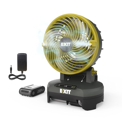 EXIT 20V tragbarer Nebelventilator EX022, batteriebetriebener Ventilator mit 3 Geschwindigkeiten und 3 Nebeleinstellungen, ideal für Camping, Grillpartys und Strand. Inklusive 2,0 Ah Batterie von EXIT