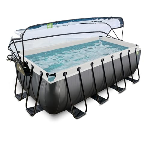 EXIT Toys Black Leather All-in-one Pool mit Multifunktionale Abdeckung, Sandfilterpumpe und Zubehörset - 400x200x122cm - Großer, Rechteckiger Rahmenpool - Extra tiefer Pool mit Leiter - Schwarz von EXIT TOYS