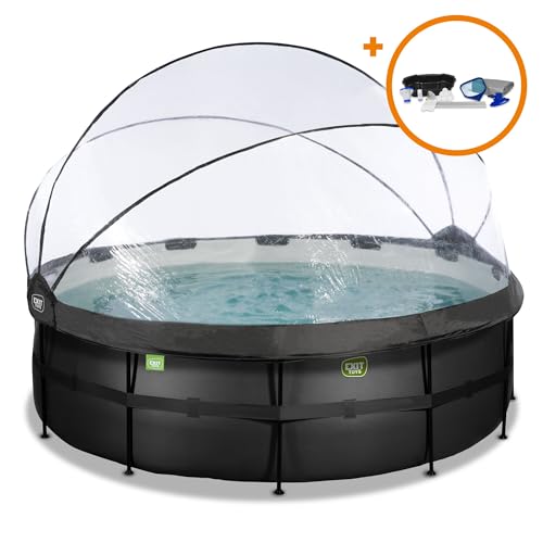 EXIT Toys Black Leather All-in-one Pool mit Multifunktionale Abdeckung, Sandfilterpumpe und Umfangreichem Zubehörset - ø427x122cm - Großer, Runder Rahmenpool - Extra tiefer Pool mit Leiter - Schwarz von EXIT TOYS