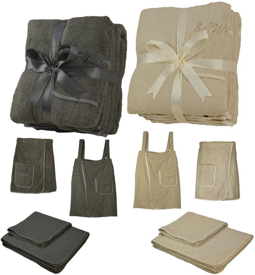 EXKLUSIV HEIMTEXTIL Saunatuch Sauna Set 3-Teilig Frottee Saunakilt Saunatuch, Frottee (3-St), Klettverschluss, dehnbarer Bund, aufgesetzte Tasche mit „Sauna“ Stickerei von EXKLUSIV HEIMTEXTIL