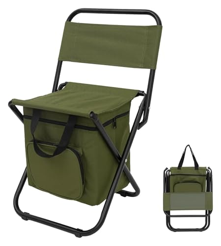 EXKURPOO Angelhocker Kleiner Angelstuhl mit Kühltasche, Leichter Campingstuhl, kompakter Angelhocker mit Rückenlehne for Wanderreisen, Eisangeln(Green) von EXKURPOO