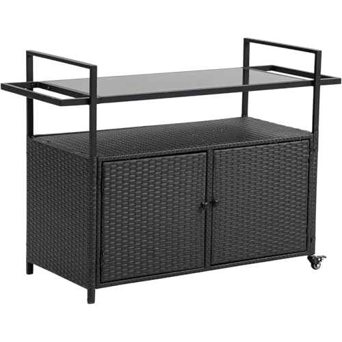 EXKURPOO Servierwagen Outdoor Wicker Bar Warenkorb Mit Rädern Rattan Getränke Bar Zähler Tisch for Veranda Hinterhof Garten Pool-Party(Black) von EXKURPOO