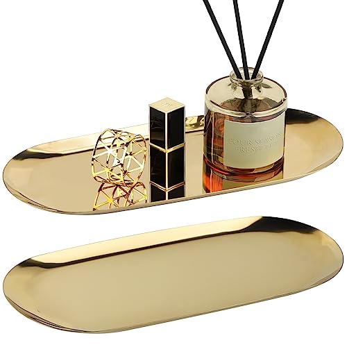 EXLECO 2 Badzimmer Deko Tablett Gold Servierplatte Mini Bad Dekotablett Edelstahl Serviertablett Schmuckschale Kerzentablett Oval Ablageschale für Schmuck Kerzen Waschtisch Badewanne Toilette von EXLECO