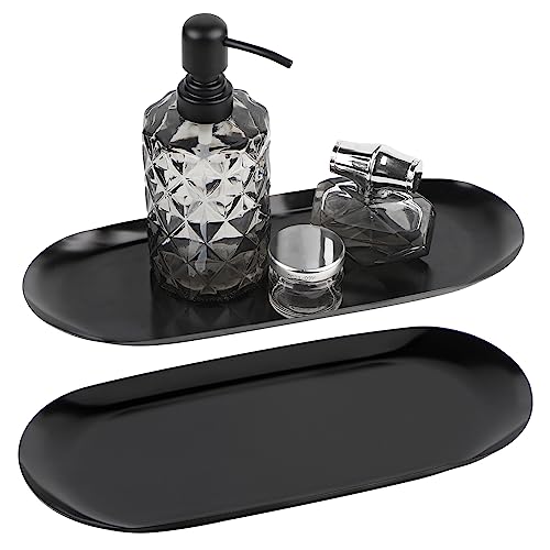 EXELCO 2er Deko Tablett Schwarz Servierplatte Dekotablett Edelstahl Serviertablett Kerzentablett Oval Ablageschale Metall Tablett Bad Schmuck Organizer Buffet Teller für Kosmetik Dessert Kerzen 30cm von EXLECO